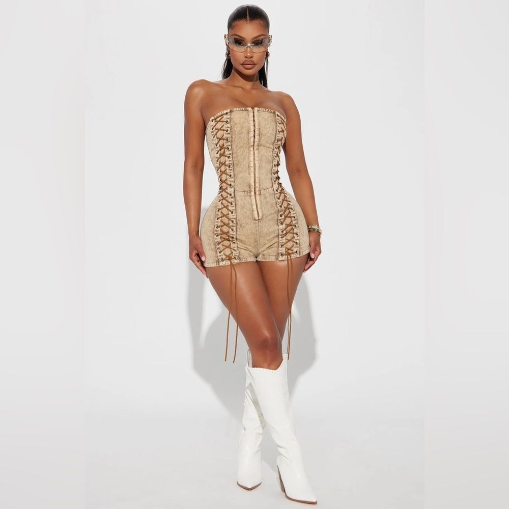 Lace Up Rodeo Romper - Tan - Picture 2 of 3